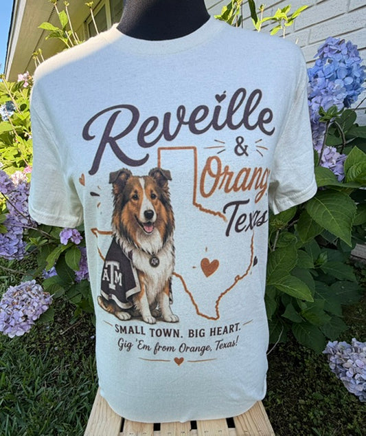 REVEILLE IN ORANGE AGGIE MOMS ON NATURAL GILDAN SOFTSTYLE