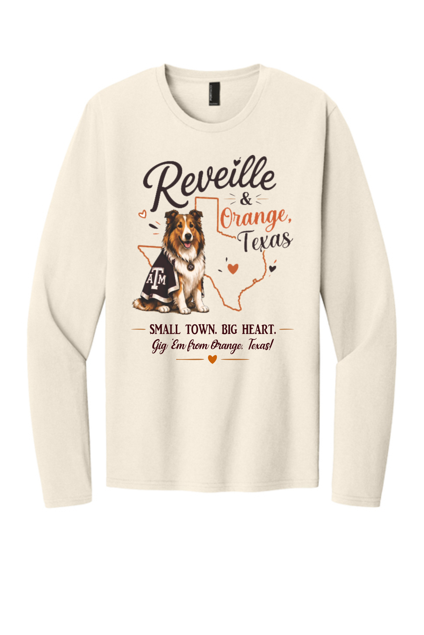 REVEILLE IN ORANGE AGGIE MOMS ON NATURAL LONGSLEEVE
