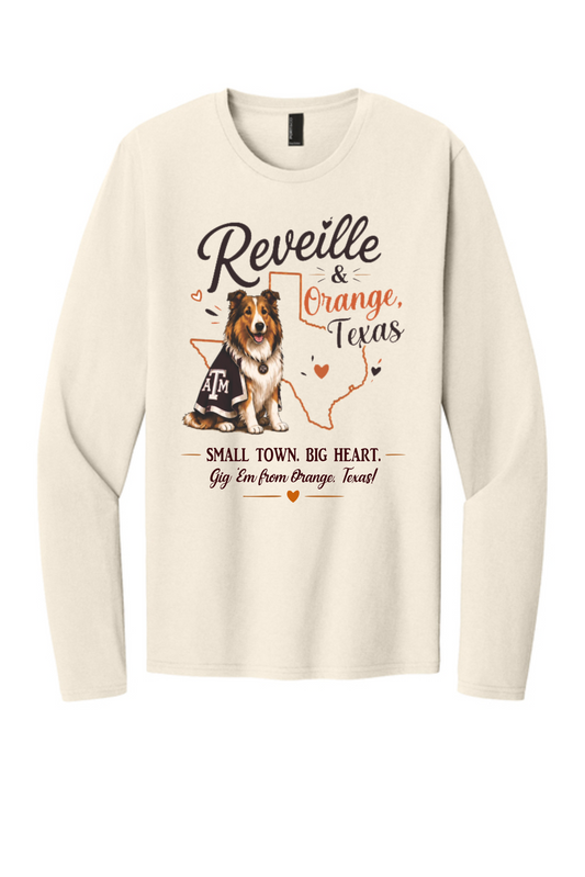REVEILLE IN ORANGE AGGIE MOMS ON NATURAL LONGSLEEVE