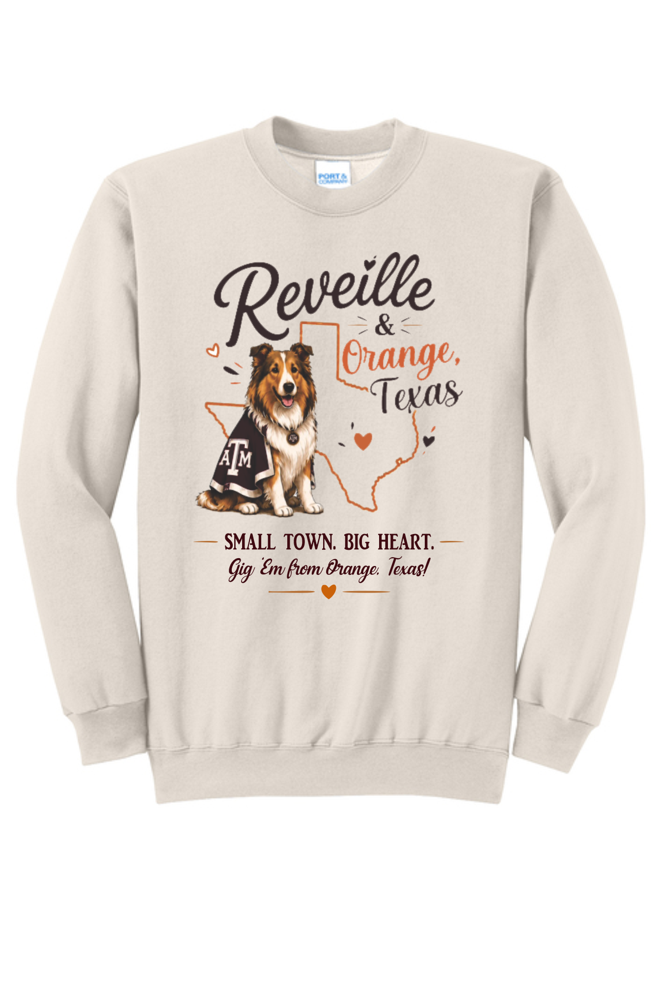 REVEILLE IN ORANGE AGGIE MOMS ON NATURAL SWEATSHIRT