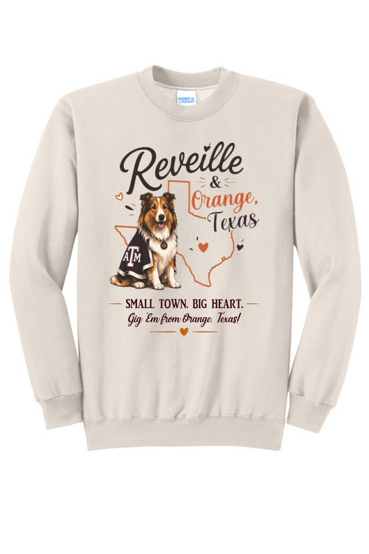 REVEILLE IN ORANGE AGGIE MOMS ON NATURAL SWEATSHIRT